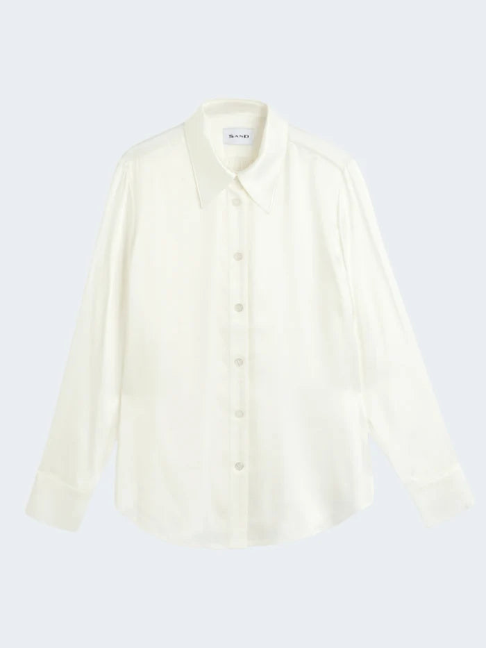 SAND | Chemise à manches longues en soie extensible 'Matt Latia N Bow' | 001 - Blanc Pure