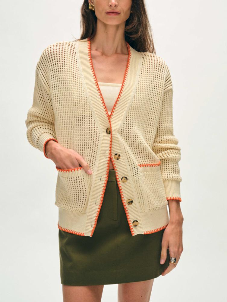 White + Warren | Cardigan en coton organique - Ivoire/orange