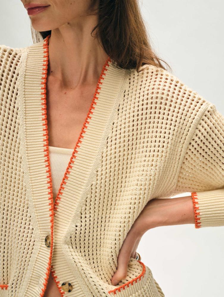 White + Warren | Cardigan en coton organique - Ivoire/orange
