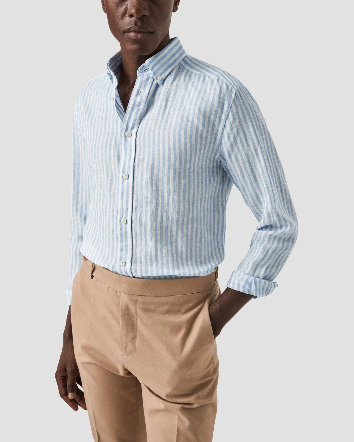 Eton | Chemise boutonnée en lin à rayures, coupe slim - Bleu / Blanc