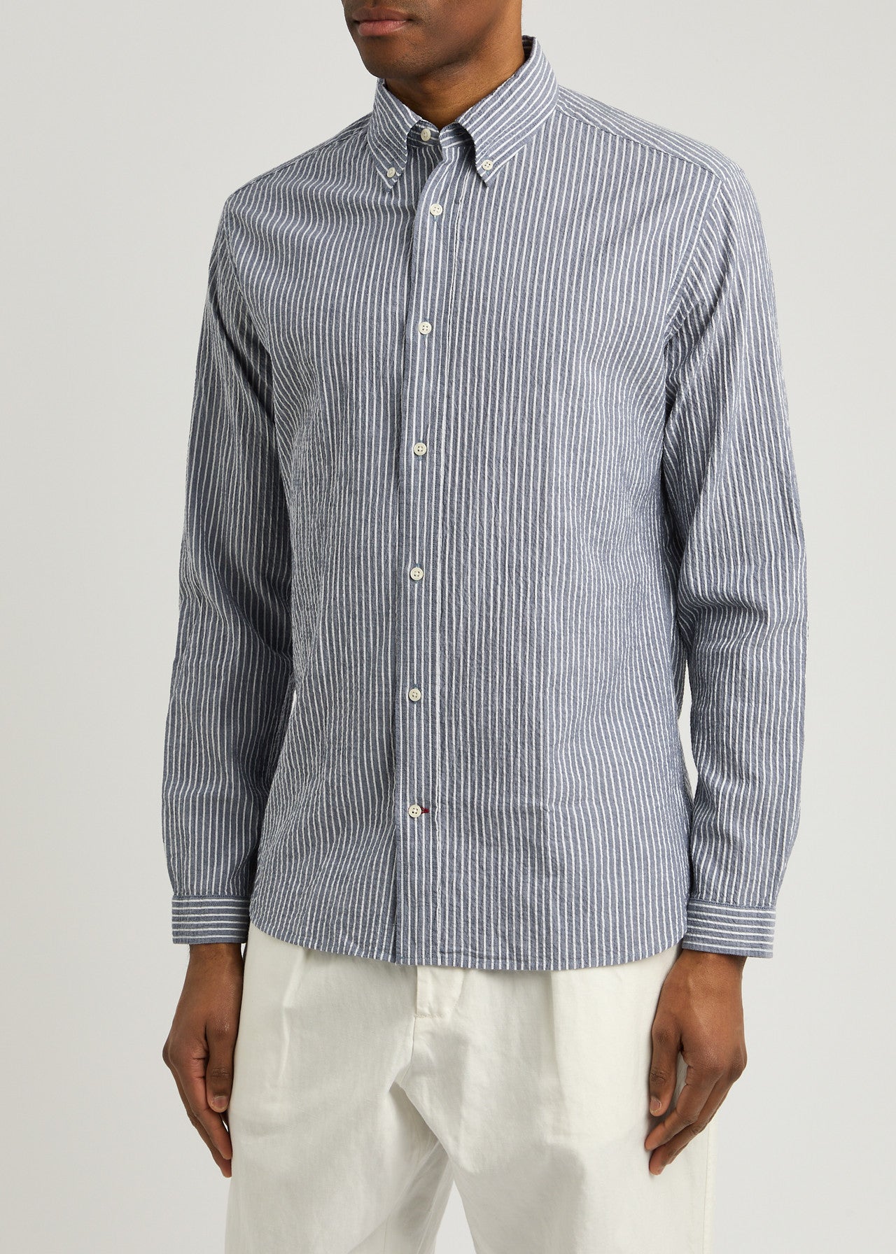 OLIVER SPENCER | Chemise seersucker à rayures blanc "Brook" - Bleu