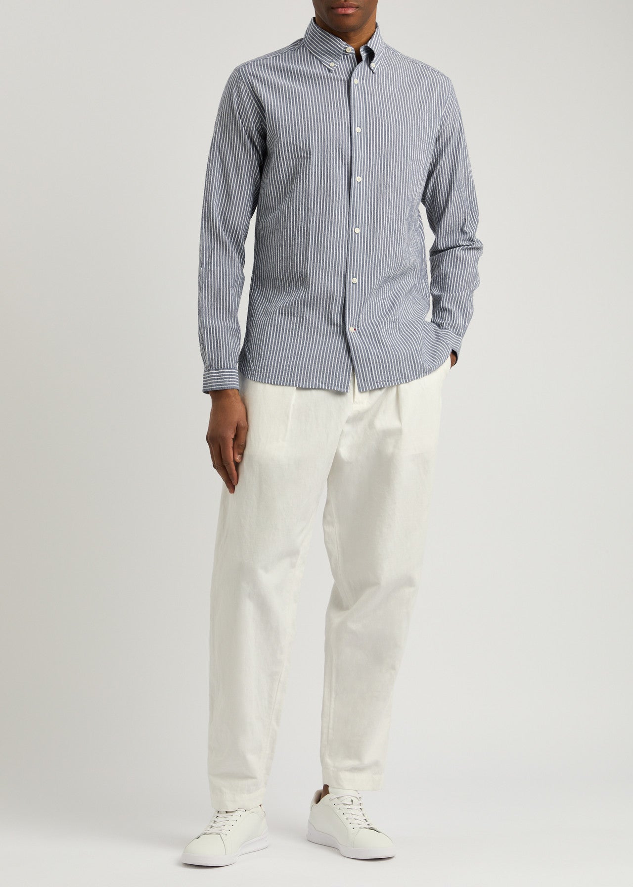 OLIVER SPENCER | Chemise seersucker à rayures blanc "Brook" - Bleu