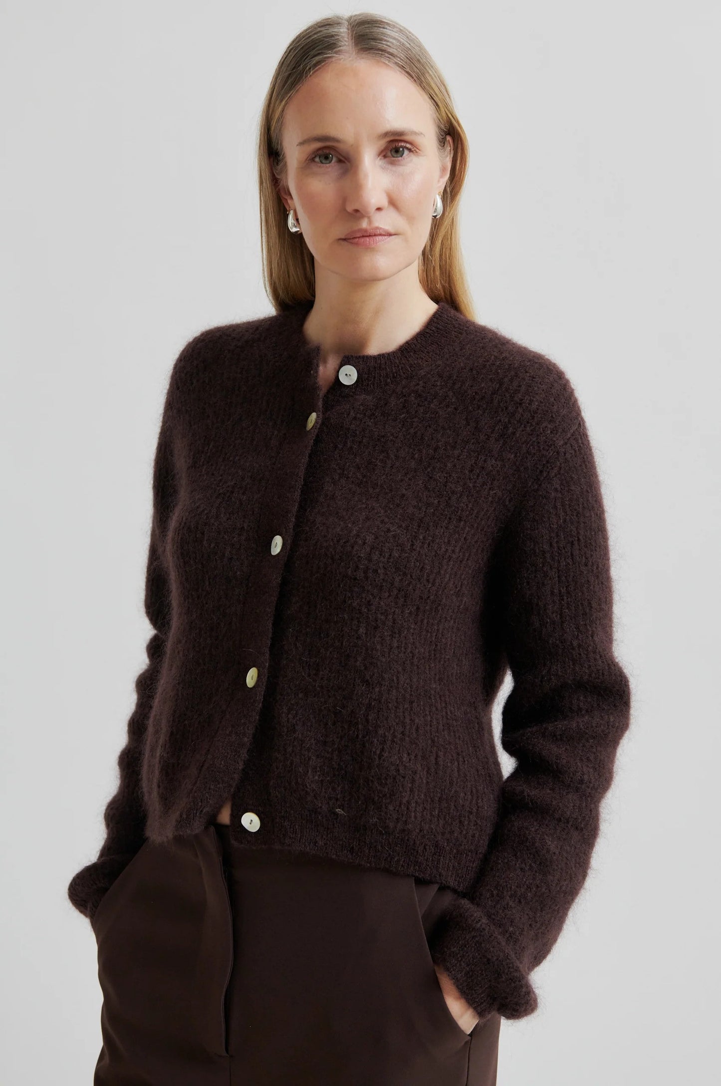 Second Female | Cardigan Andrea en laine et mohair côtelé - Prune au chocolat
