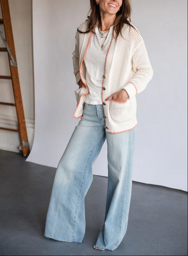 White + Warren | Cardigan en coton organique - Ivoire/orange