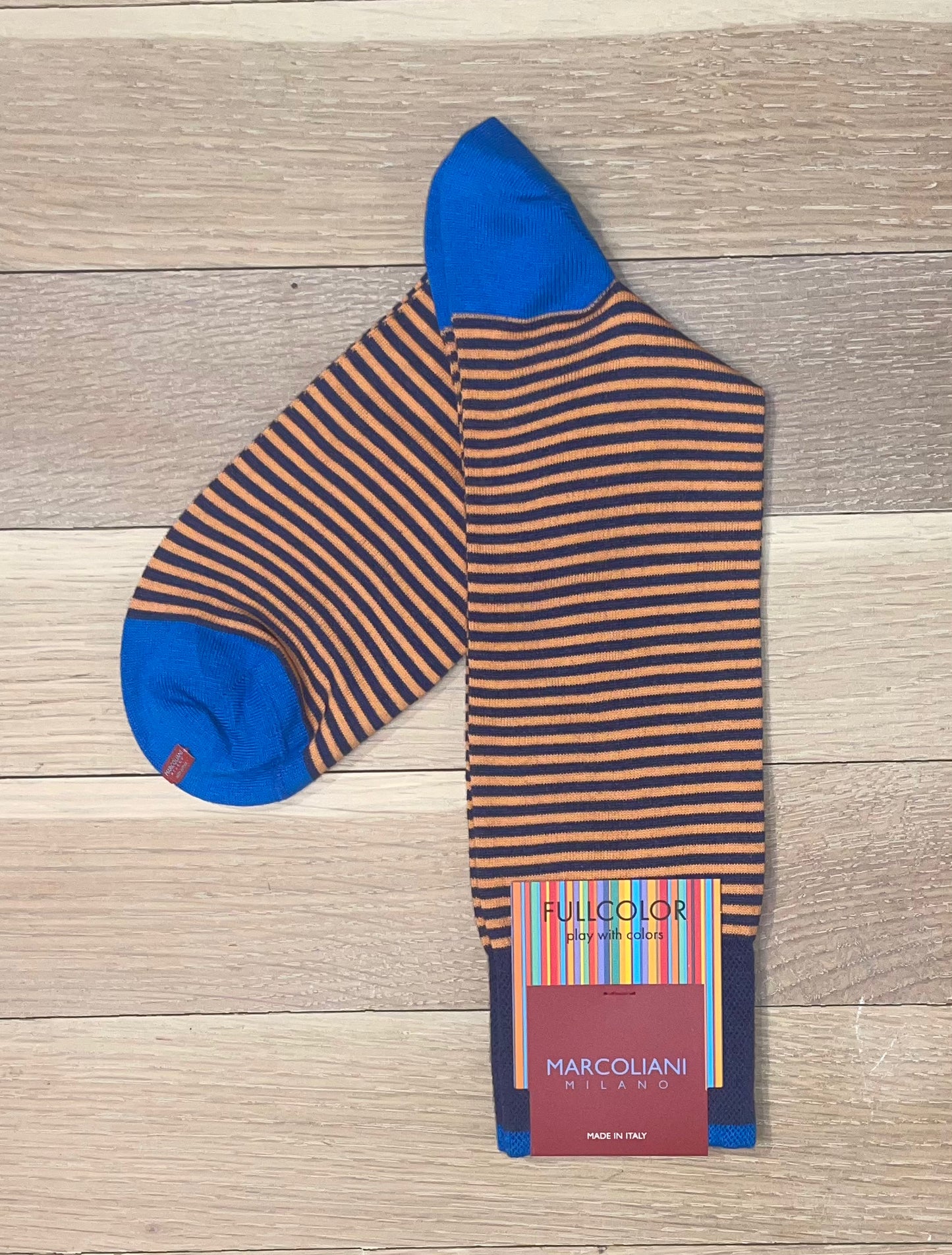 Marcoliani - Chaussettes colorées à fines rayures  - Denim orange
