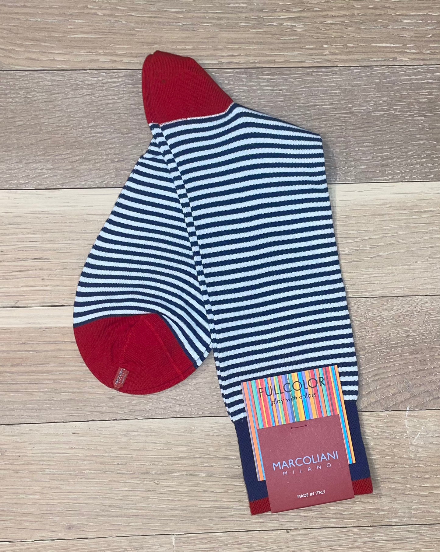 Marcoliani - Chaussettes colorées à fines rayures  - Bleu/Rouge
