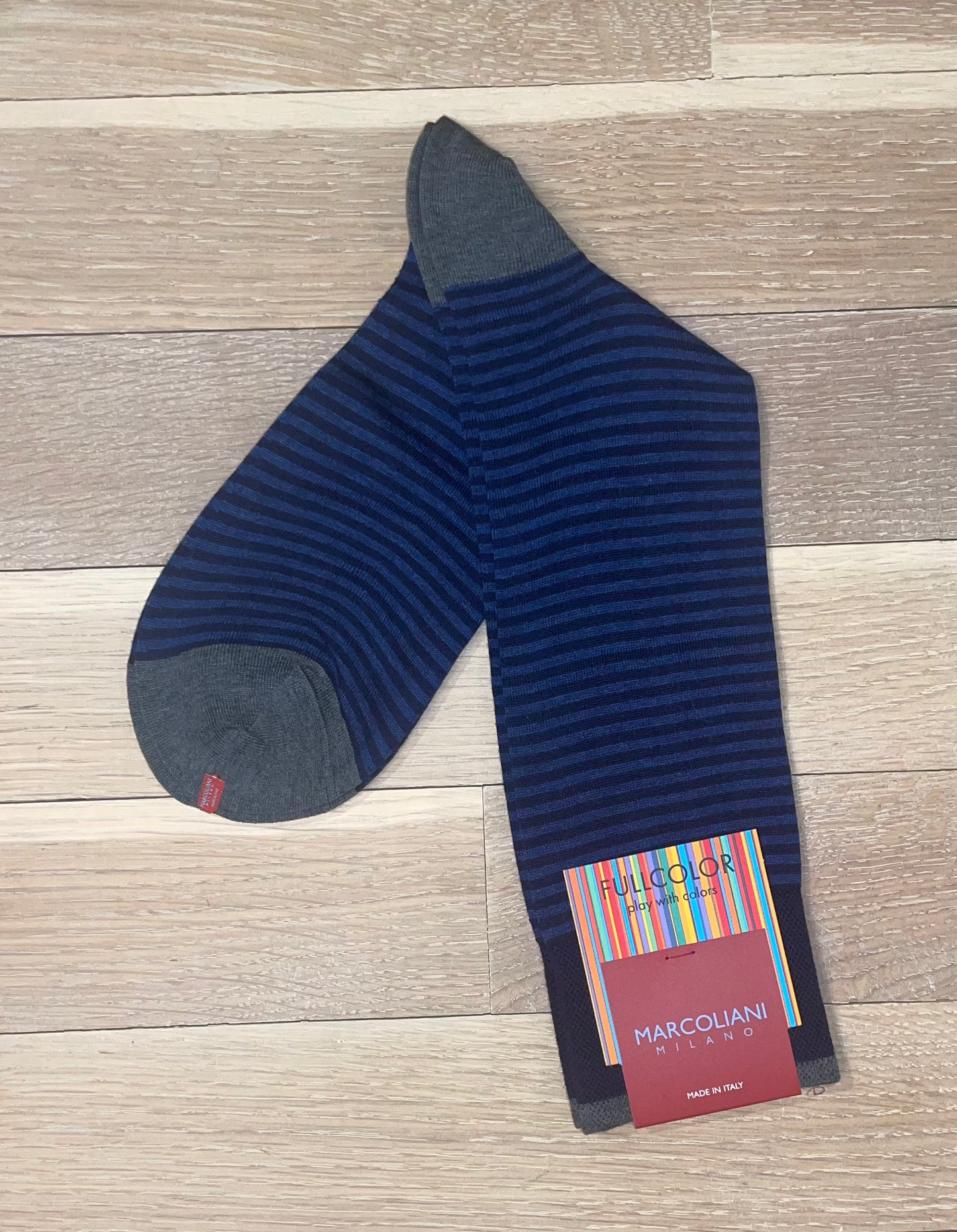 Marcoliani - Chaussettes colorées à fines rayures  - Bleu/Gris