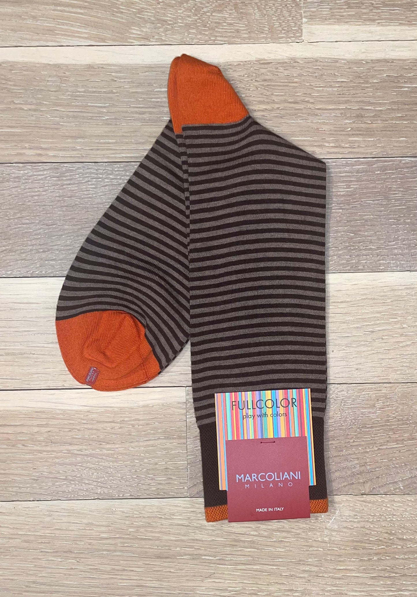 Marcoliani - Chaussettes colorées à fines rayures  - Cappuccino/Orange