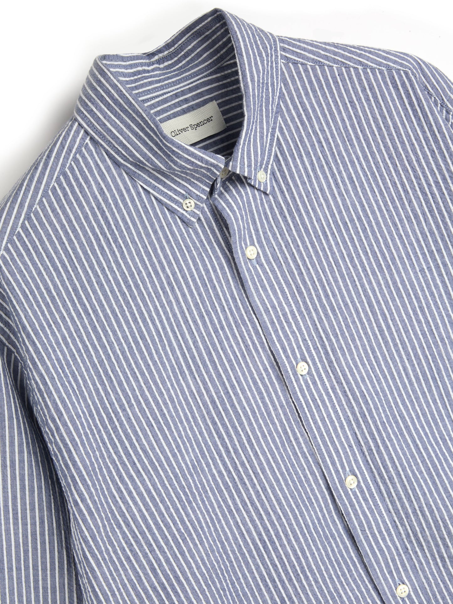 OLIVER SPENCER | Chemise seersucker à rayures blanc "Brook" - Bleu