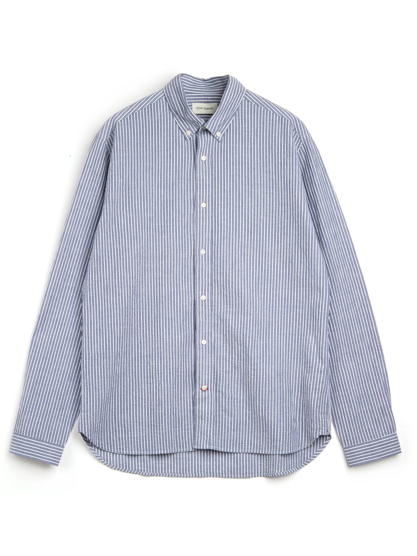 OLIVER SPENCER | Chemise seersucker à rayures blanc "Brook" - Bleu