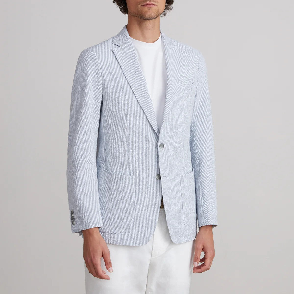 EMANUEL BERG | Le veston Seersucker 2-boutons D-Constructed - Bleu/Blanc