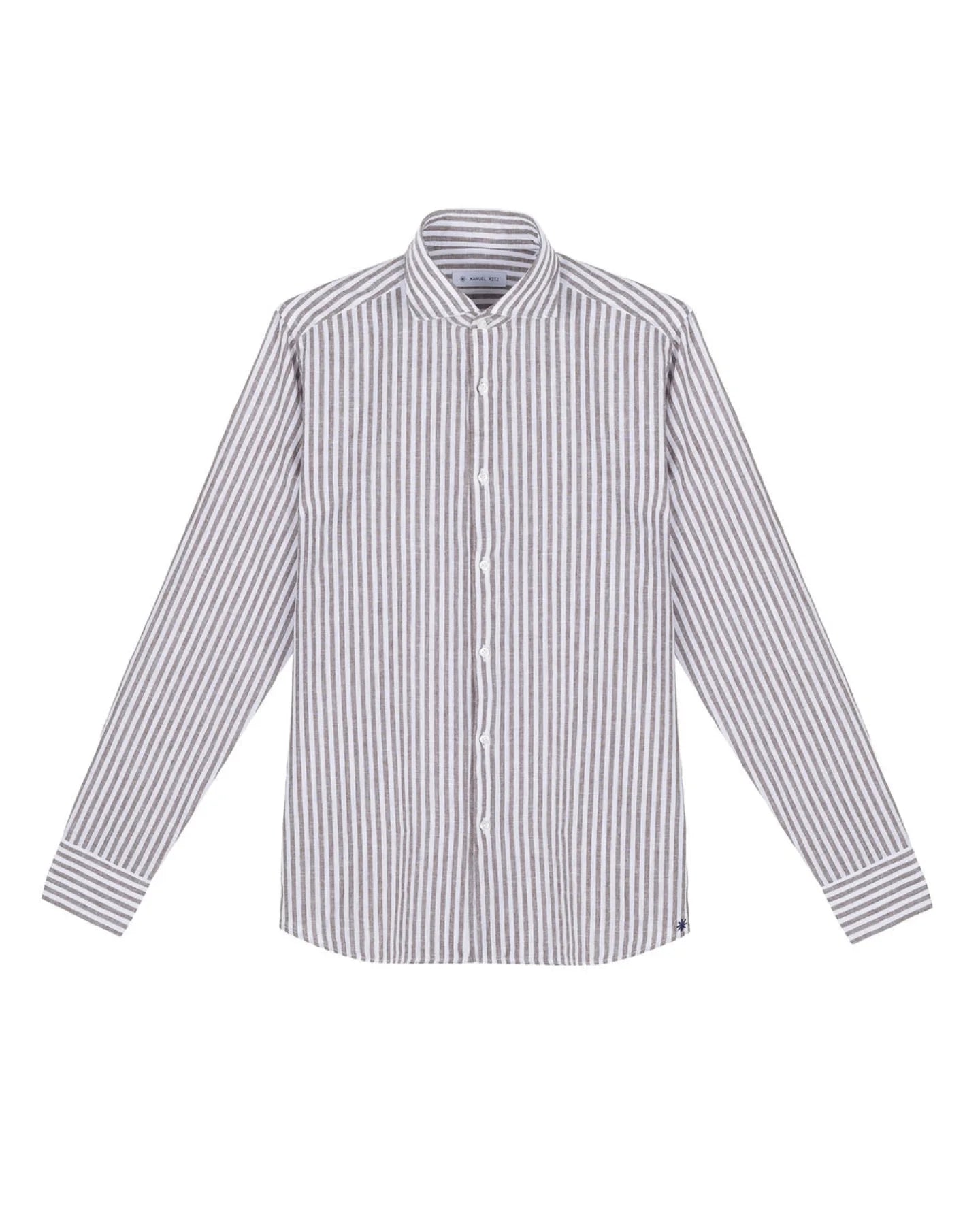 Manuel Ritz | Chemise slim fit en coton et lin délavée - Rayures taupe