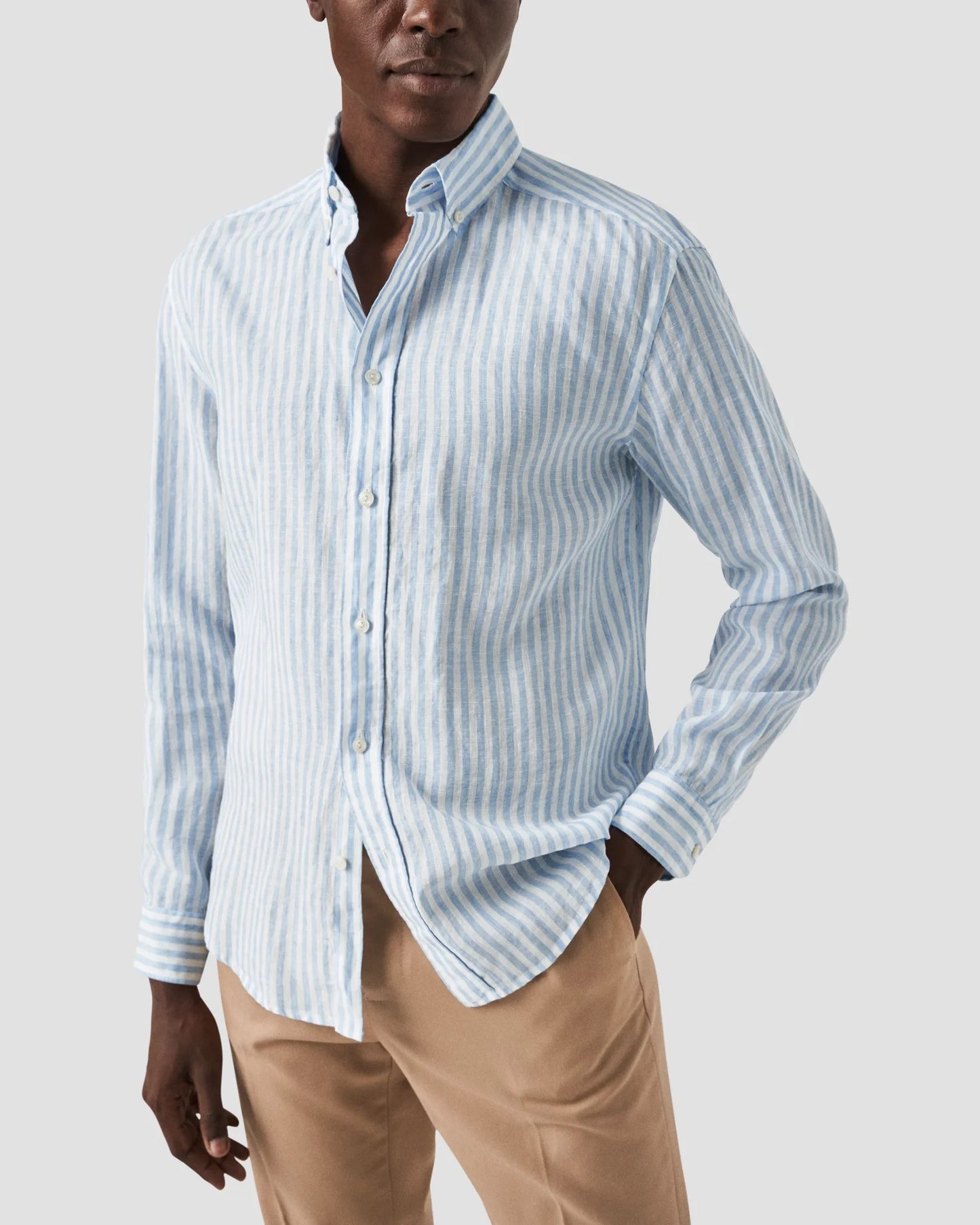 Eton | Chemise boutonnée en lin à rayures, coupe slim - Bleu / Blanc