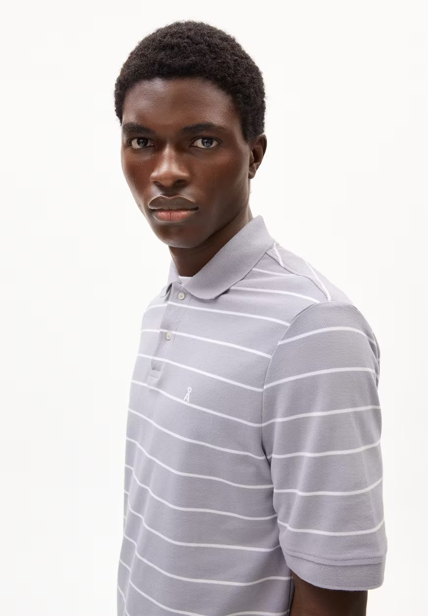 ARMEDANGELS | Polo rayé "MAARIO" - Gris de lin & blanc