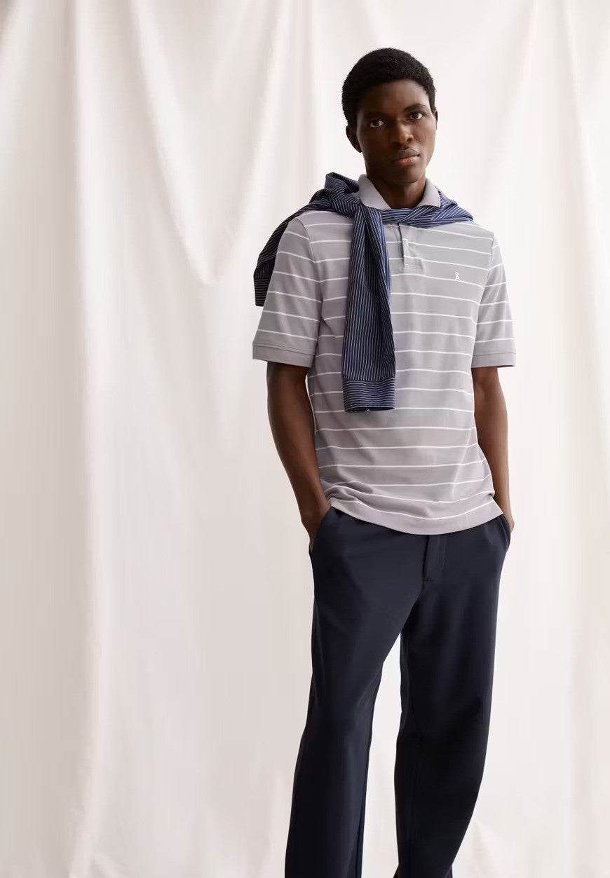 ARMEDANGELS | Polo rayé "MAARIO" - Gris de lin & blanc