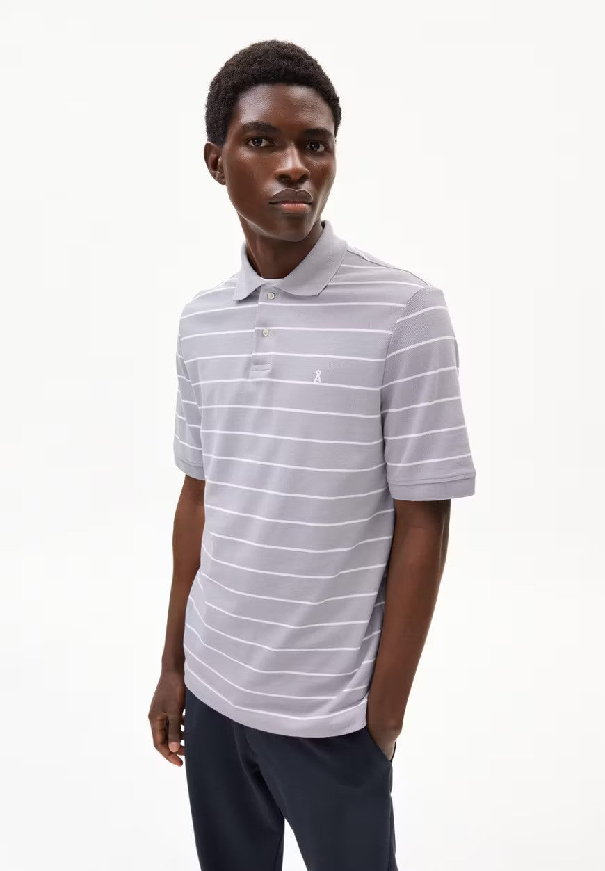 ARMEDANGELS | Polo rayé "MAARIO" - Gris de lin & blanc