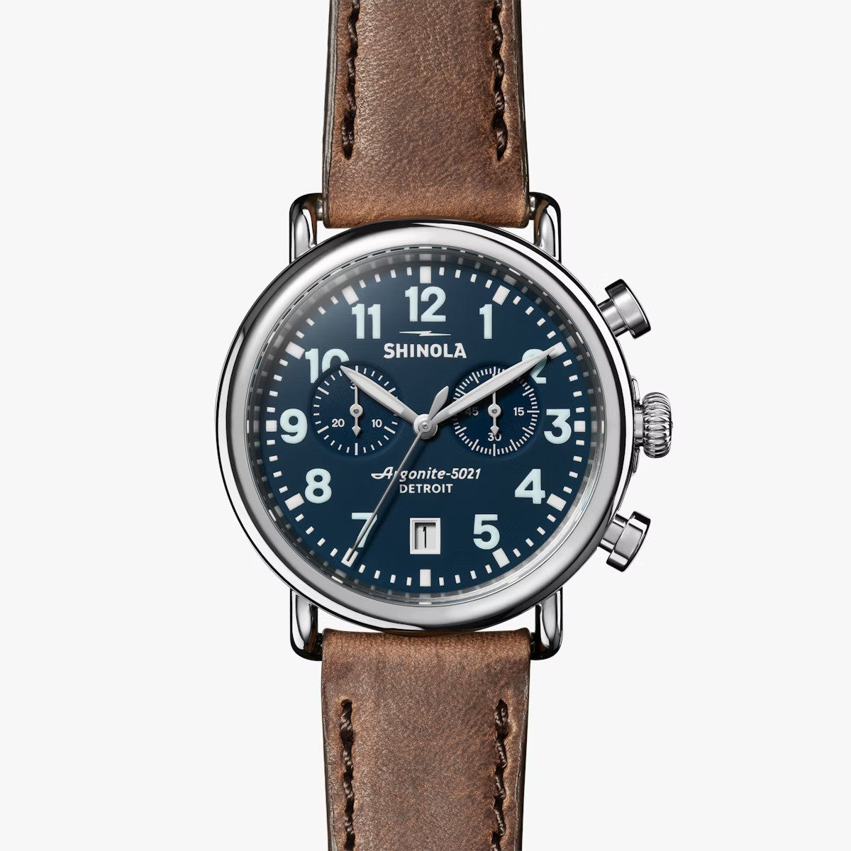 Shinola - Montre Runwell Chrono 41 mm - Bleu nuit / Tan britannique