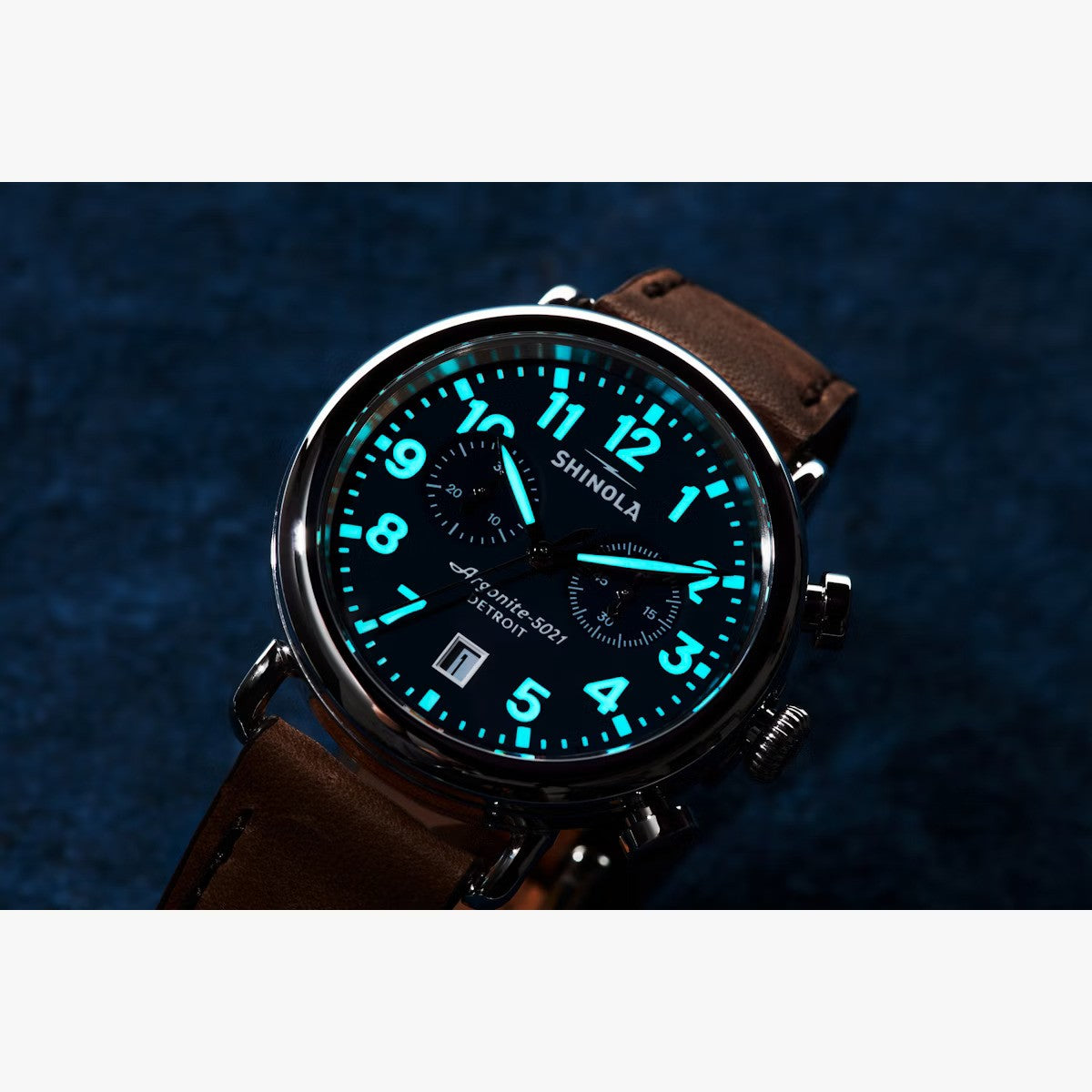 Shinola - Montre Runwell Chrono 41 mm - Bleu nuit / Tan britannique