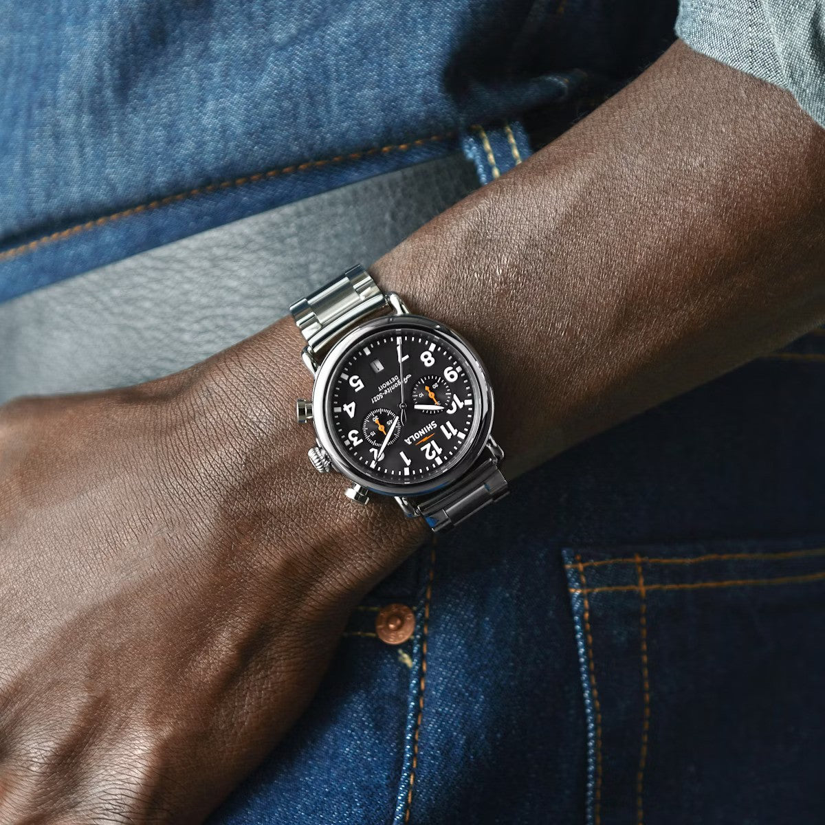 Shinola - Montre Runwell Chrono 41 mm - Noir / bracelet en acier inoxydable