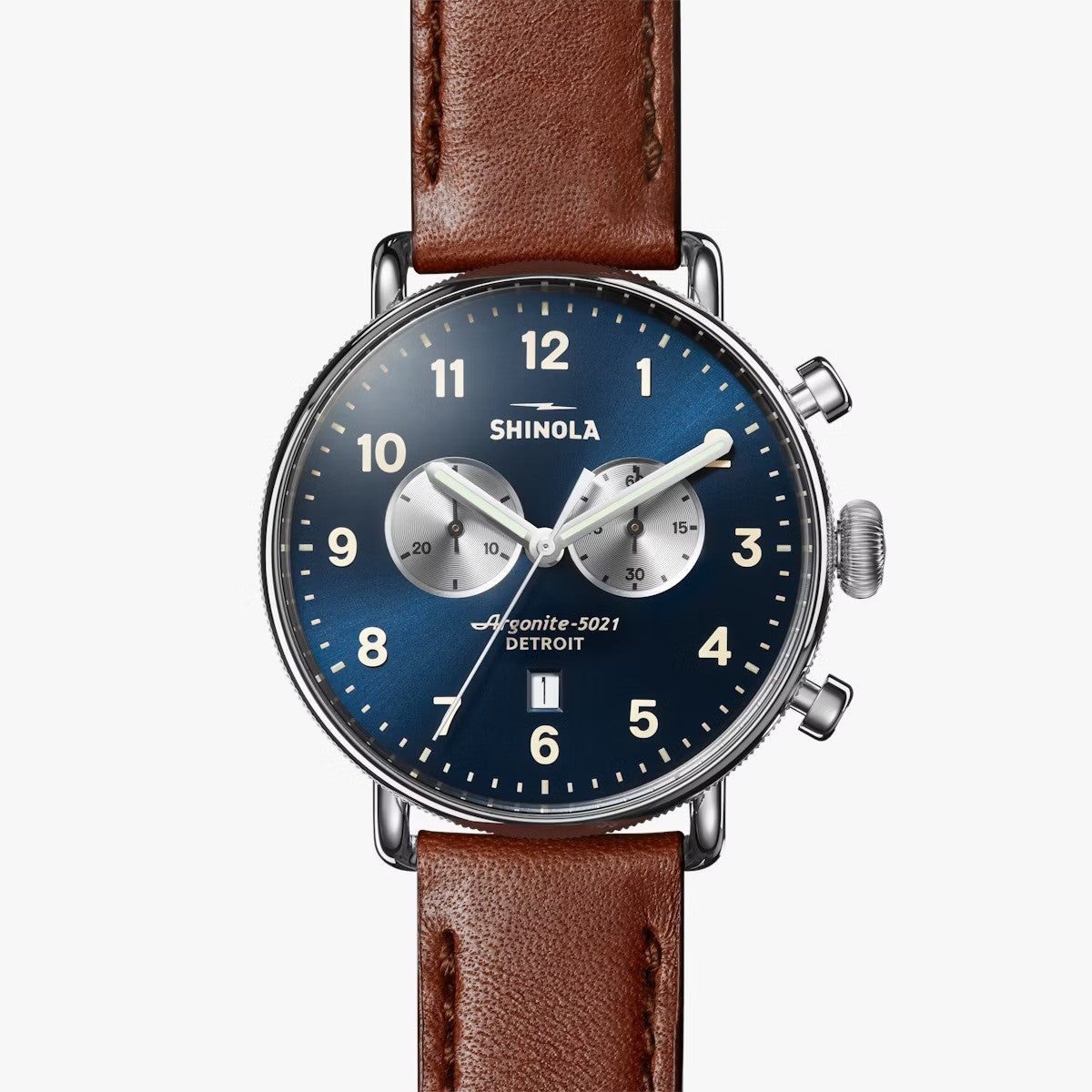 Shinola - Montre CANFIELD CHRONO 43MM - Bleu nuit / Cognac foncé