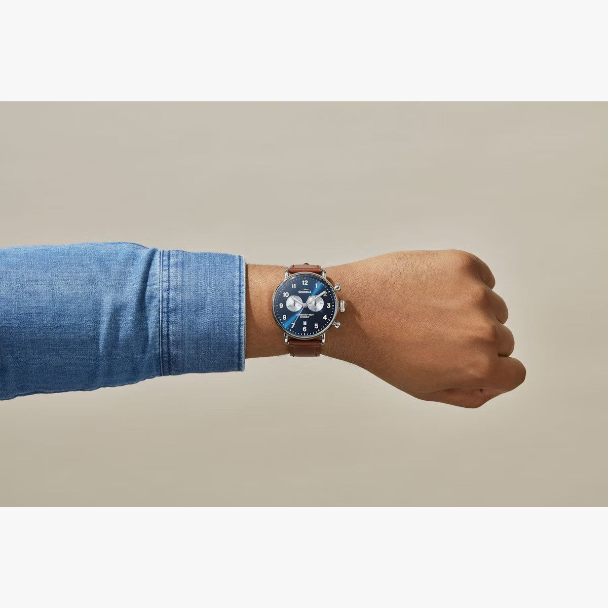 Shinola - Montre CANFIELD CHRONO 43MM - Bleu nuit / Cognac foncé
