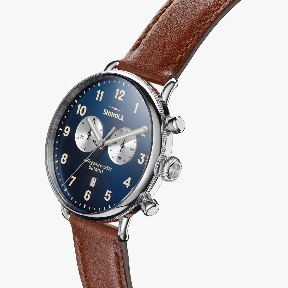 Shinola - Montre CANFIELD CHRONO 43MM - Bleu nuit / Cognac foncé