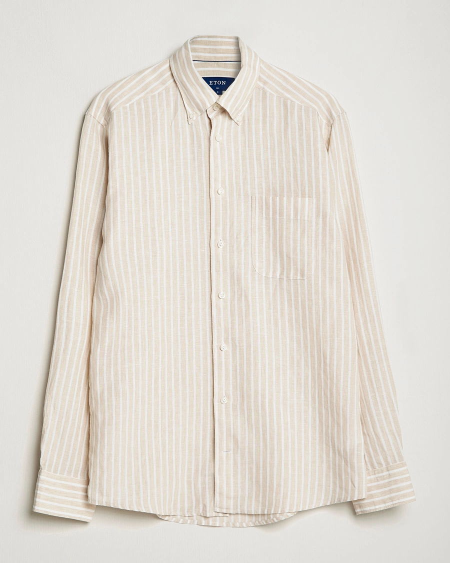Eton | Chemise boutonnée en lin à rayures, coupe slim - Beige / Blanc