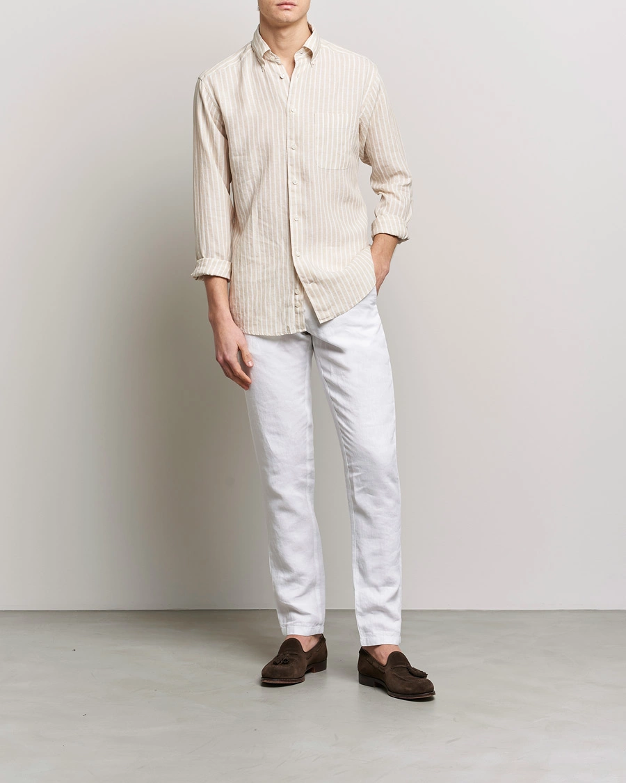 Eton | Chemise boutonnée en lin à rayures, coupe slim - Beige / Blanc