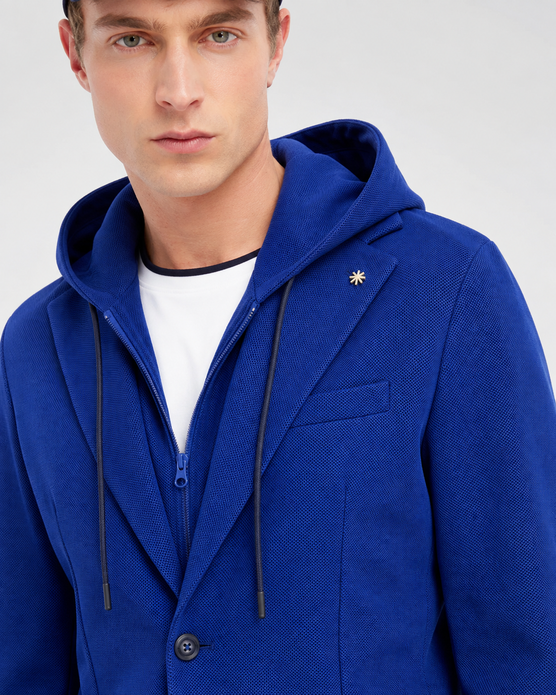 Manuel Ritz | Blazer en jersey de coton piqué avec capuche amovible - Bleu royal
