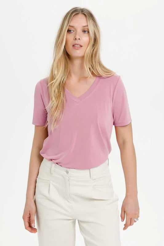 SOAKED IN LUXURY | T-Shirt col V "COLUMBINE" - Rose