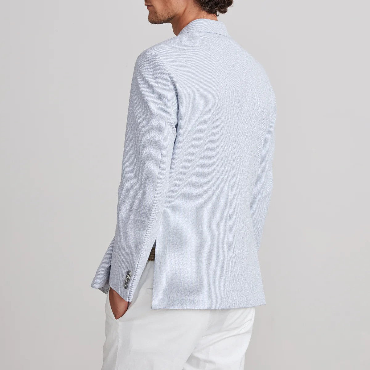EMANUEL BERG | Le veston Seersucker 2-boutons D-Constructed - Bleu/Blanc