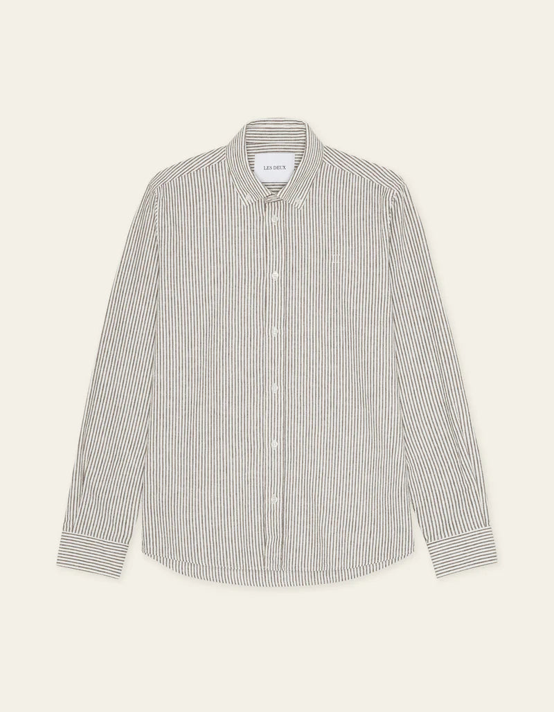 Les Deux | Chemise en coton et lin à rayures "Konrad" - Brun Teck