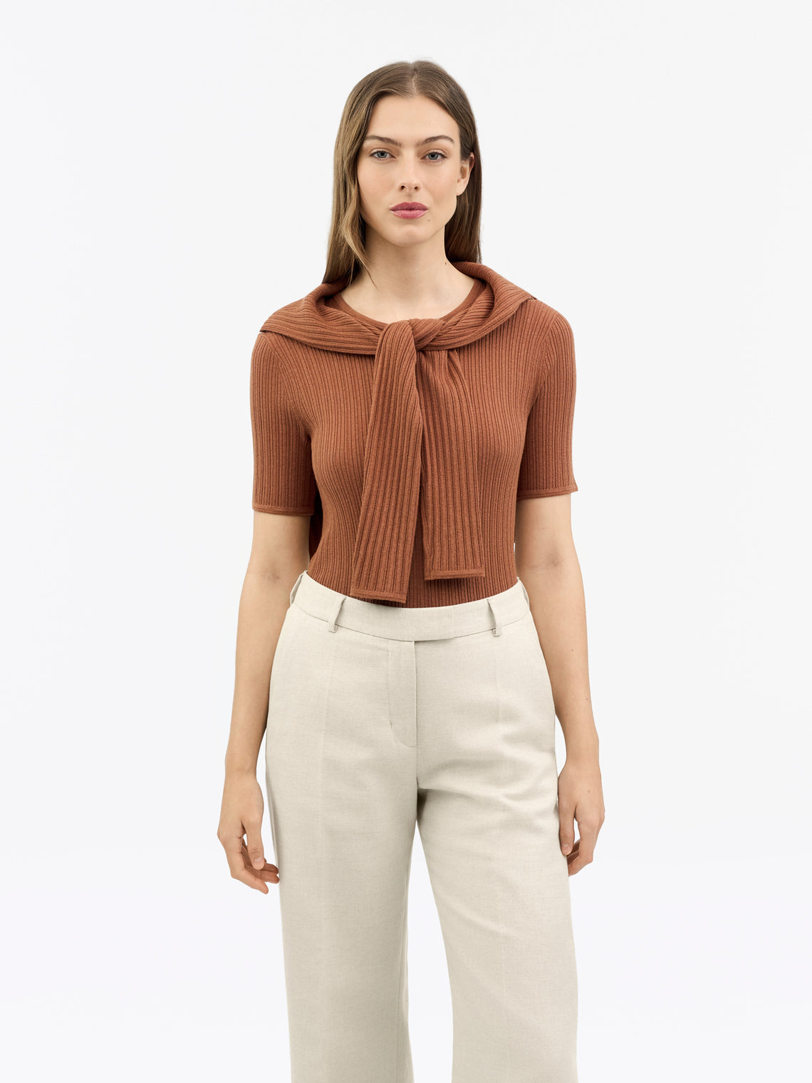 Tiger of Sweden | T-shirt en maille ajusté 'Mae' | Brun orangé