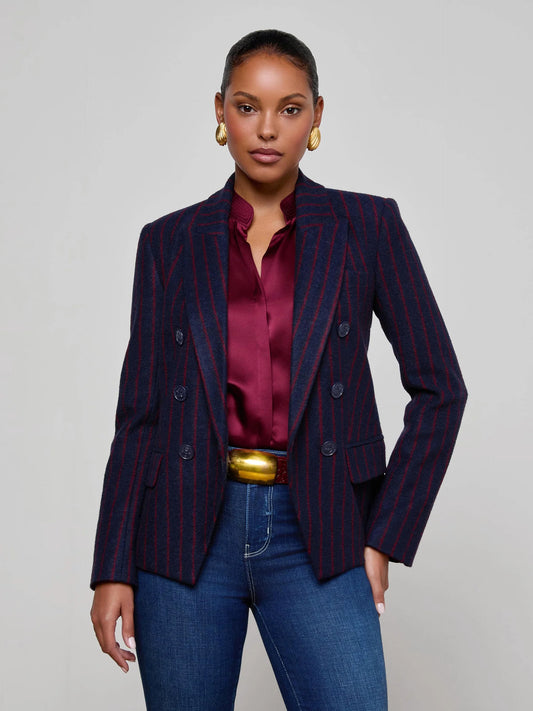 L'Agence | Le blazer Kenzie à fines rayures - Rayures bleu nuit/rouge