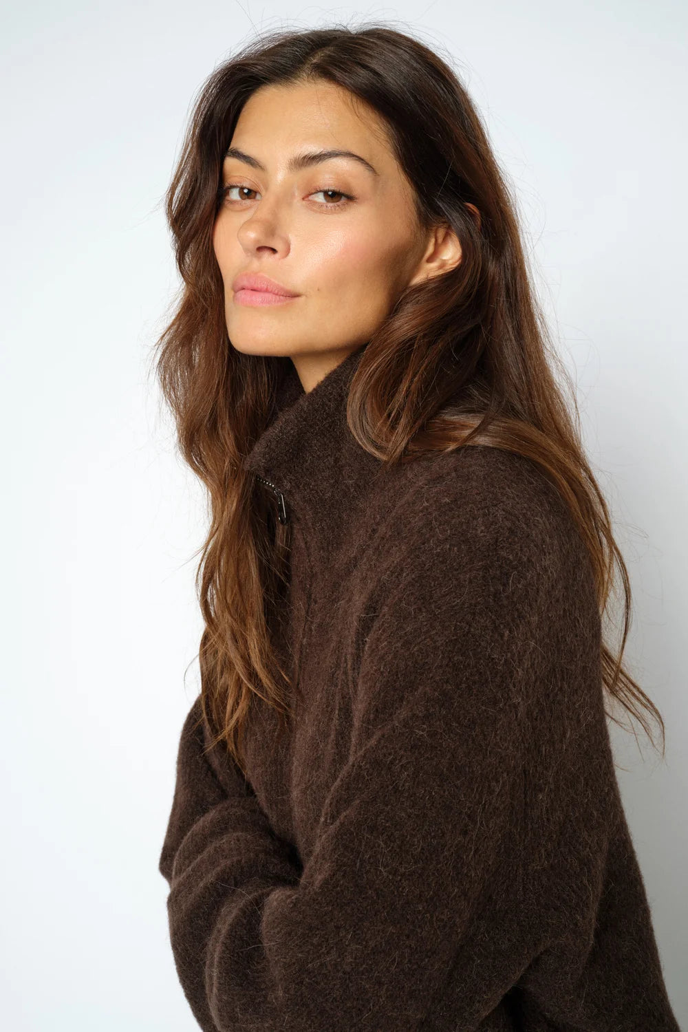 Mos Mosh | Cardigan en maille zippé 'Thora' | Brun