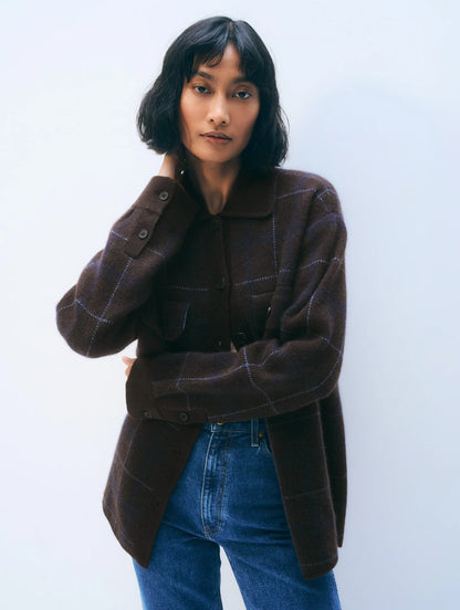 White + Warren | Surchemise en cachemire- Marron foncé/ Bleu marine