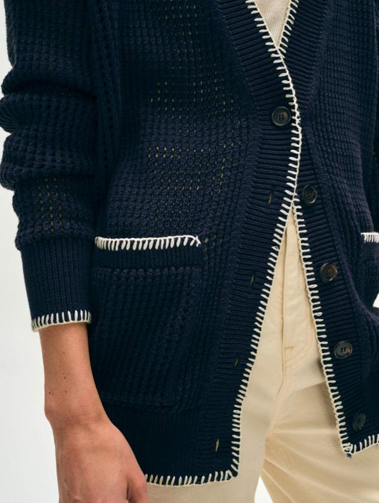 White & Warren | Cardigan en coton organique - Marin/ivoire