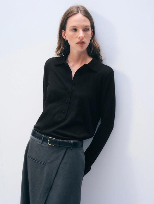 White + Warren |  Le polo en laine mérinos extra-fine - Noir