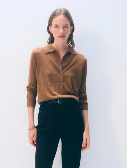 White + Warren |  Le polo en laine mérinos extra-fine - Caramel brûlé