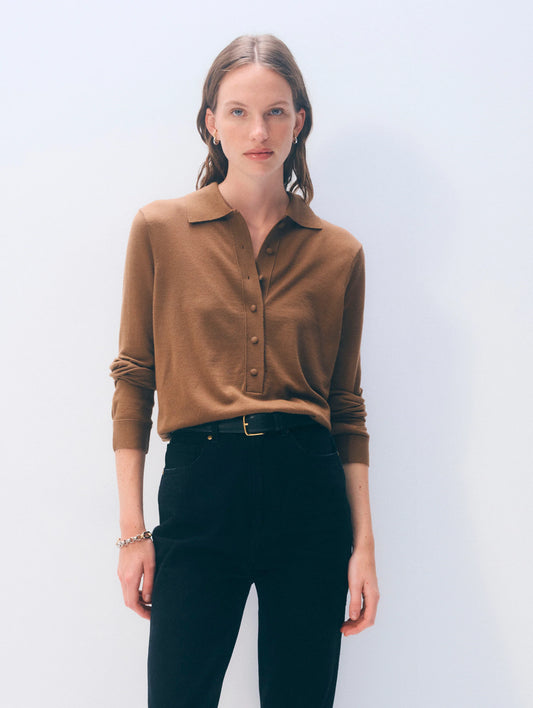 White + Warren |  Le polo en laine mérinos extra-fine - Caramel brûlé