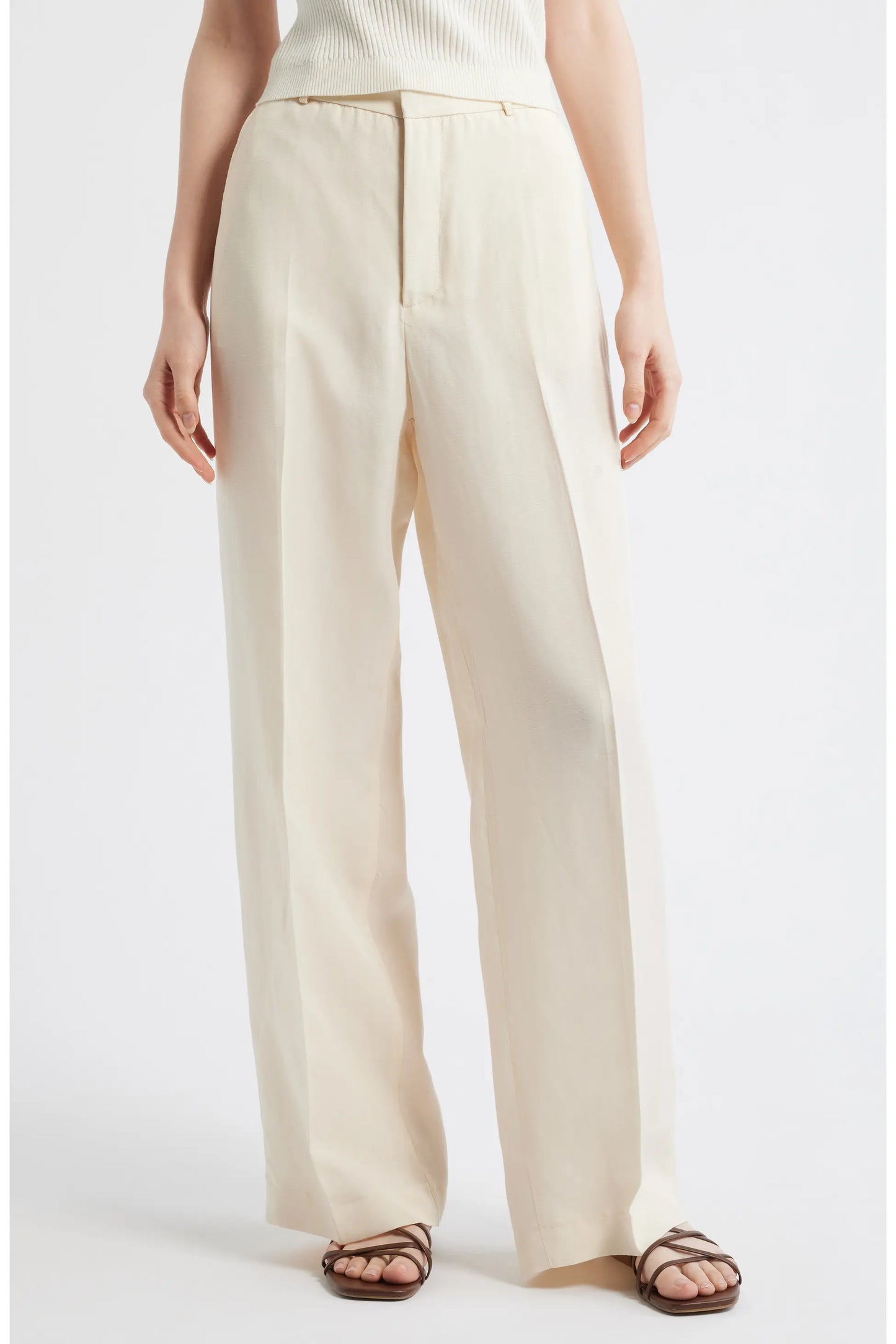 Dèluc | Pantalon à jambes larges 'Bari' en mélange de lin | Crème