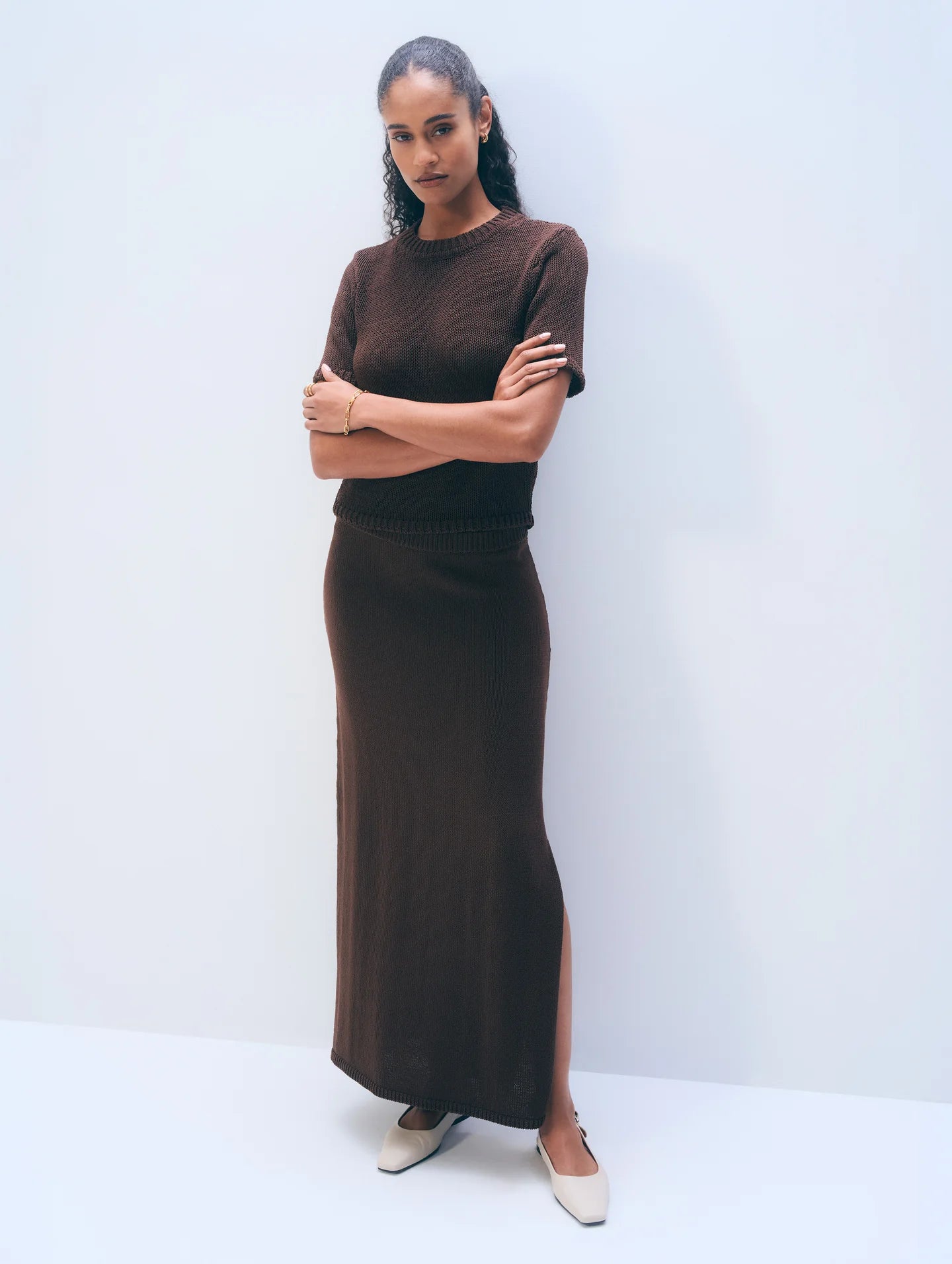 White & Warren | Jupe midi en coton Luxe- Brun