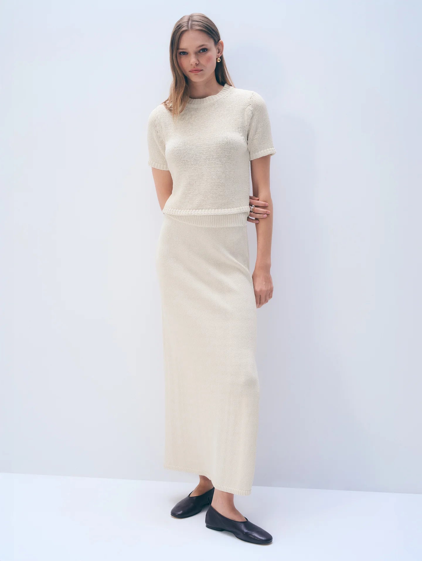 White & Warren | Jupe midi en coton Luxe- Ecru