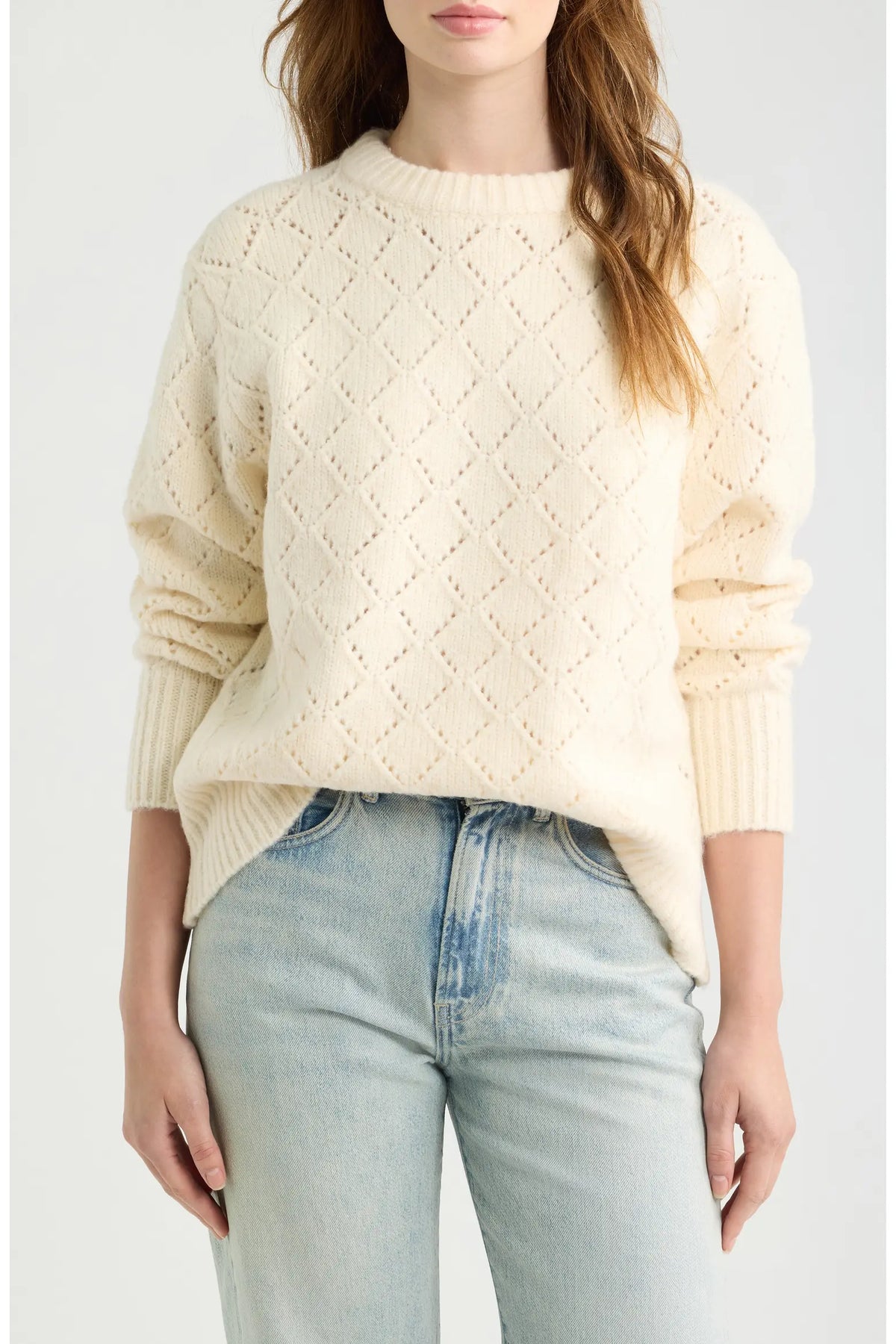 Dèluc | Pull à col rond en tricot pointelle 'Vitosha' | Ecru