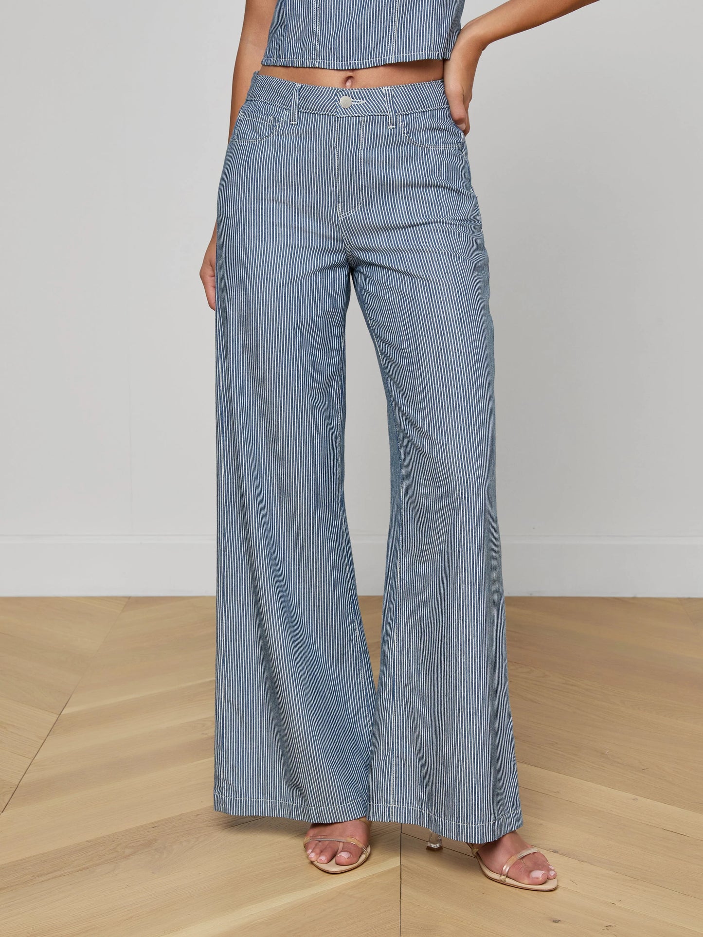 L'AGENCE| Pantalon à jambes larges 'Amara' | Bleu et blanc rayé