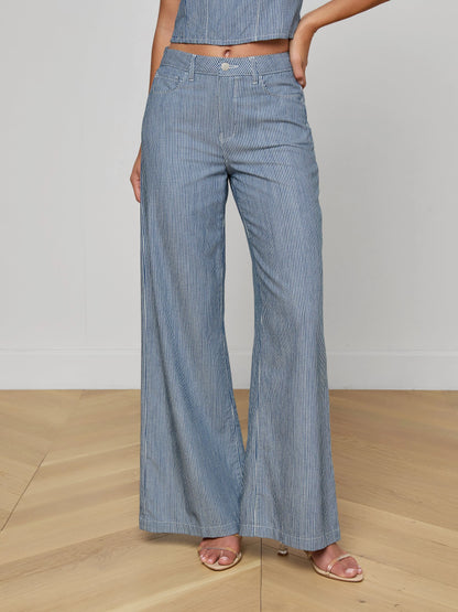 L'AGENCE| Pantalon à jambes larges 'Amara' | Bleu et blanc rayé