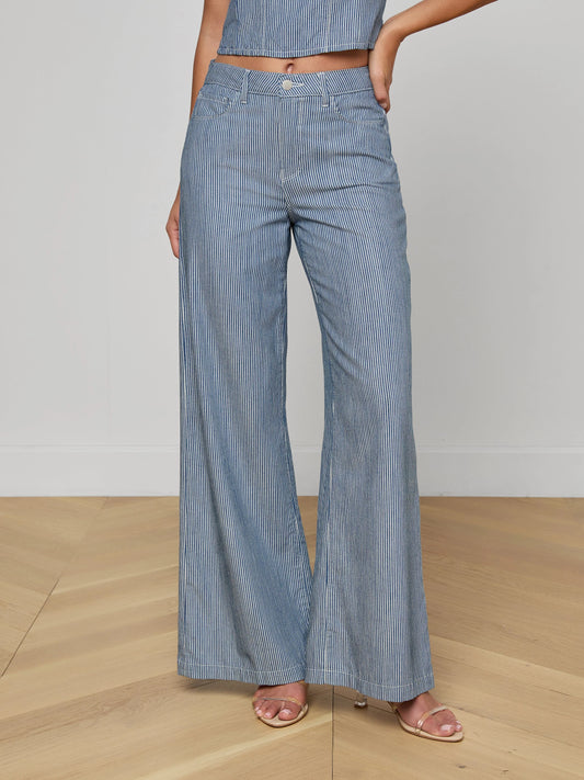 L'AGENCE| Pantalon à jambes larges 'Amara' | Bleu et blanc rayé