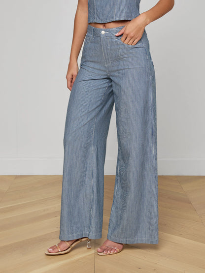 L'AGENCE| Pantalon à jambes larges 'Amara' | Bleu et blanc rayé