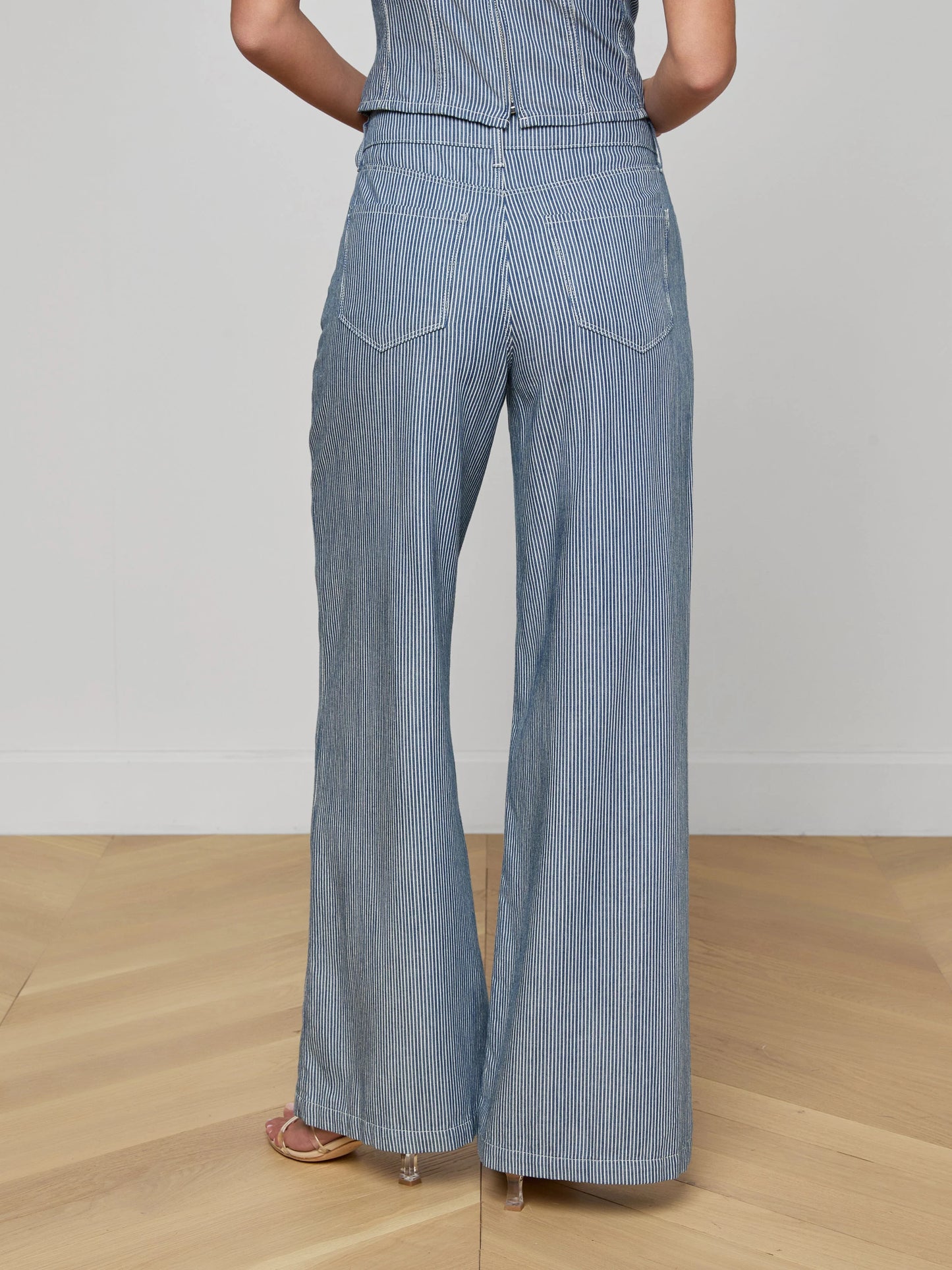 L'AGENCE| Pantalon à jambes larges 'Amara' | Bleu et blanc rayé