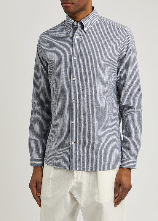 OLIVER SPENCER | Chemise seersucker à rayures blanc "Brook" - Bleu